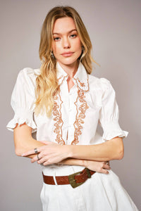 Embroidered Scallop Collar Puff Sleeve Top