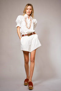 Embroidered Scallop Collar Puff Sleeve Top