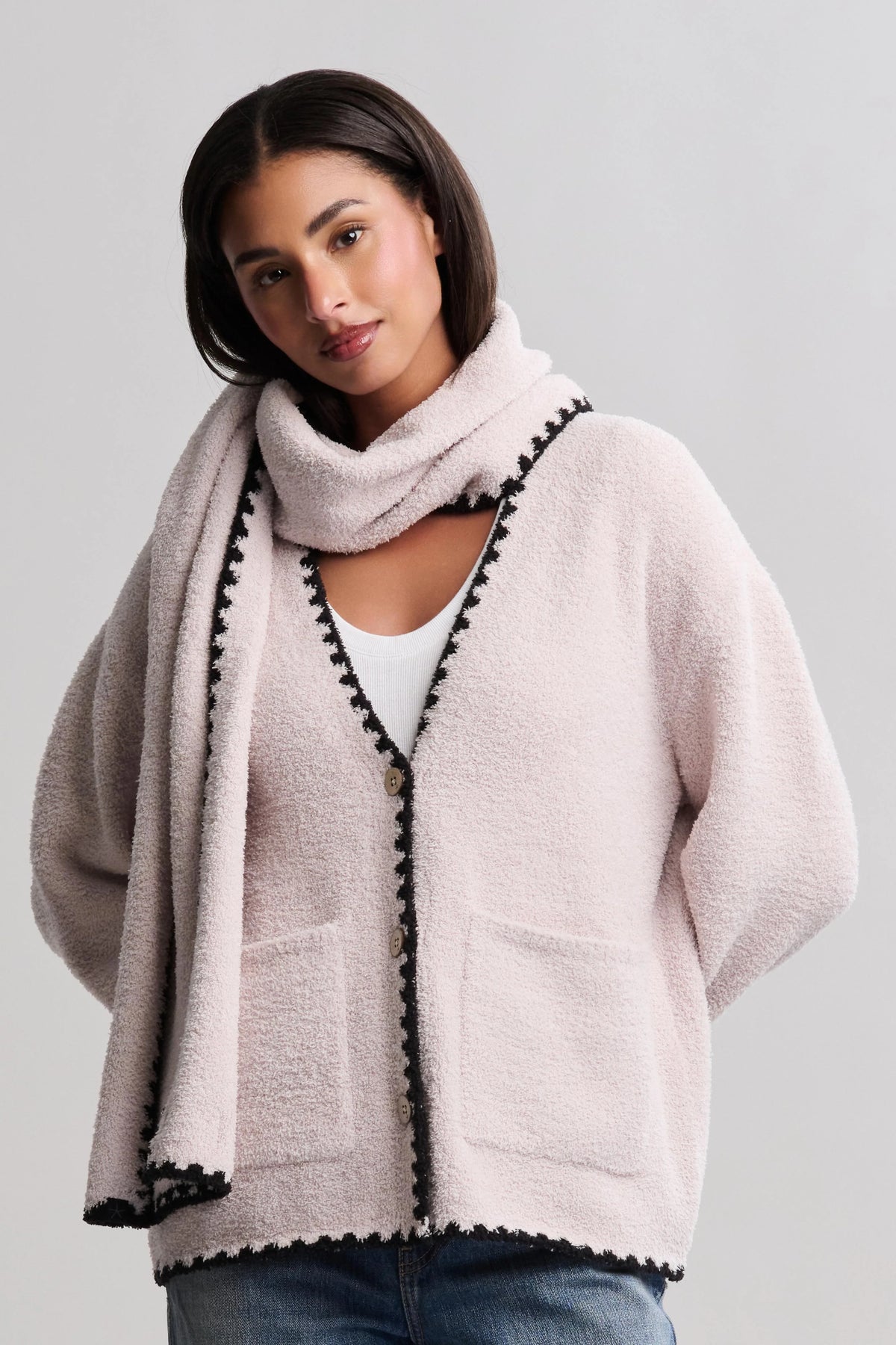 Barefoot Dreams CC Blanket Stitch Cardigan with Detachable Scarf