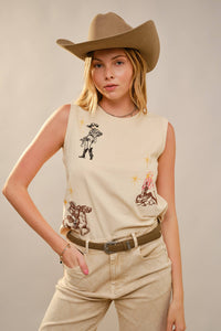 Western Emb Sleeveless Top