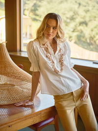 Embroidered Scallop Collar Puff Sleeve Top